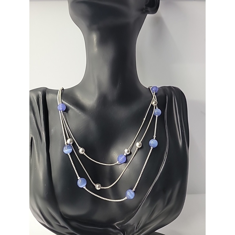 Vintage Blue Purple Bead Multi Strand N Silver Tone Snake Chain Layered